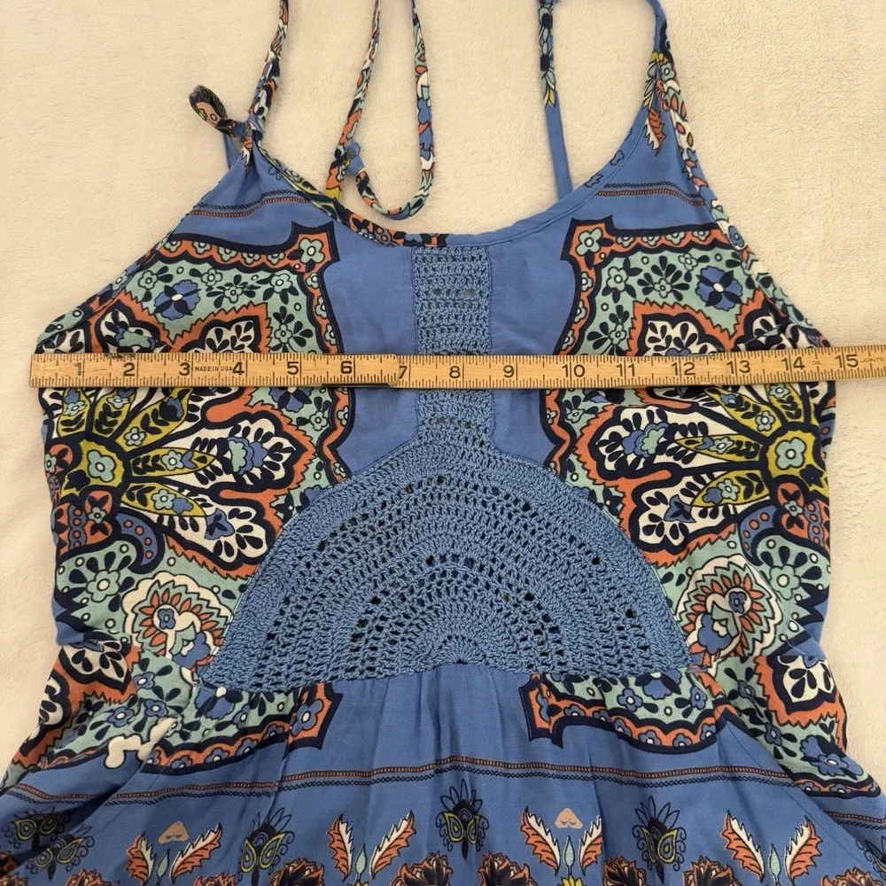 Roxy Crochet Halter Mini‎ Dress Size XS Blue Multi Beachy Boho Summer Pockets